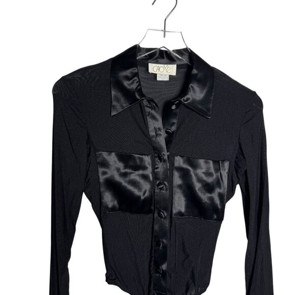 Vintage 80's  sheer bodysuit satin trim black size 4 Long Sleeve Made in US - Picture 2 of 7